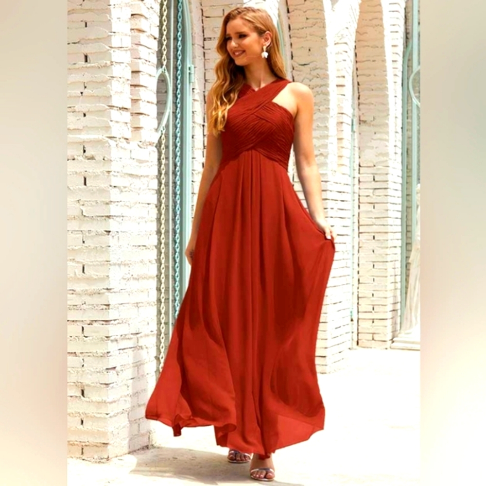 Bill Levkoff 82955 Rust CrissCross Boddice Chiffon Halter Pleated Formal Gown